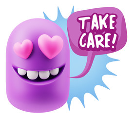 3d Rendering. Emoji in love with heart eyes saying Take Care wit