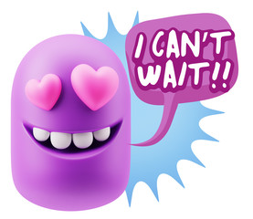 3d Rendering. Emoji in love with heart eyes saying I Can't Wait