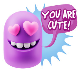 3d Rendering. Emoji in love with heart eyes saying You Are Cute