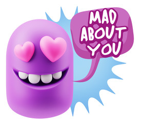 3d Rendering. Emoji in love with heart eyes saying Mad About You