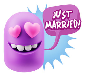 3d Rendering. Emoji in love with heart eyes saying Just Married