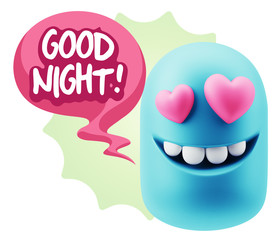 3d Rendering. Emoji in love with heart eyes saying Good Night wi