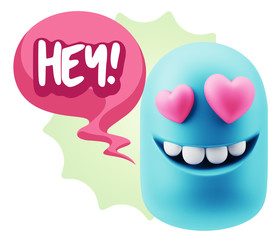 3d Rendering. Emoji in love with heart eyes saying Hey with Colo