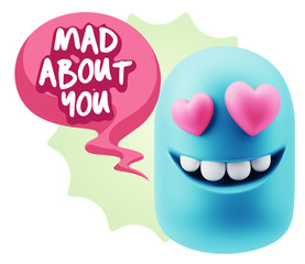 3d Rendering. Emoji in love with heart eyes saying Mad About You