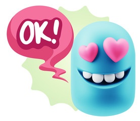 3d Rendering. Emoji in love with heart eyes saying Ok with Color