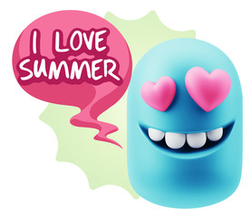 3d Rendering. Emoji in love with heart eyes saying I Love Summer