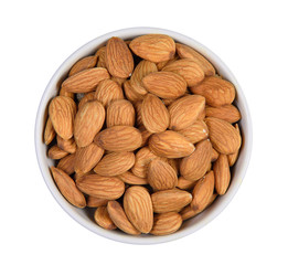 Top view dried almond in white bowl on white background.