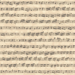 Abstract musical background on old paper. Chaotic collection of musical symbols, decorated according to the rules of musical notation. Physical diapason is not determined.