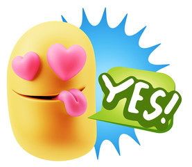 3d Rendering. Emoji in love with heart eyes saying Yes with Colo