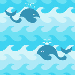 Seamless pattern with whales on the waves in the sea. Cute vector background. Good for baby prints, child textile, decoration, posters, game backgrounds and many more. 