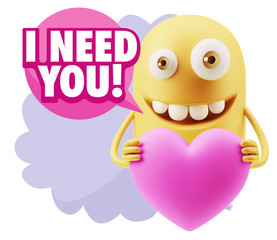 3d Rendering. Emoji in love holding heart shape saying I Need Yo
