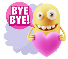 3d Rendering. Emoji in love holding heart shape saying Bye Bye w
