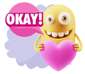 3d Rendering. Emoji in love holding heart shape saying Okay with