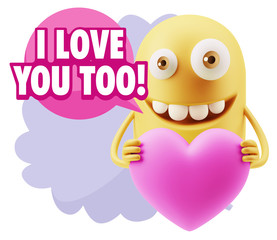 3d Rendering. Emoji in love holding heart shape saying I Love Yo