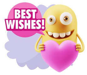 3d Rendering. Emoji in love holding heart shape saying Best Wish