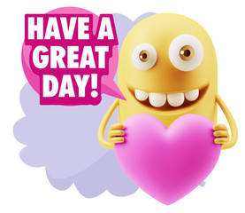 3d Rendering. Emoji in love holding heart shape saying Have A Gr