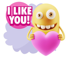 3d Rendering. Emoji in love holding heart shape saying I Like Yo
