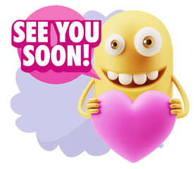 3d Rendering. Emoji in love holding heart shape saying See You S