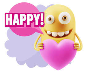 3d Rendering. Emoji in love holding heart shape saying Happy wit