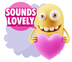 3d Rendering. Emoji in love holding heart shape saying Sounds Lo