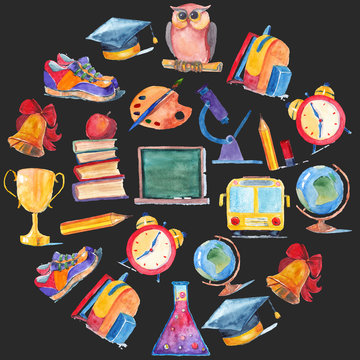 Welcome Back To School Watercolor Set Of Icons