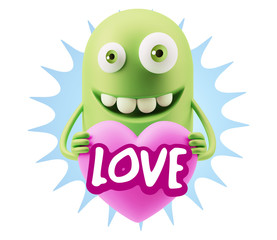 3d Rendering. Emoji in love holding heart shape saying Love with
