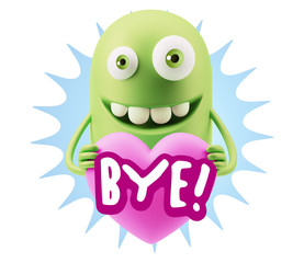3d Rendering. Emoji in love holding heart shape saying Bye with