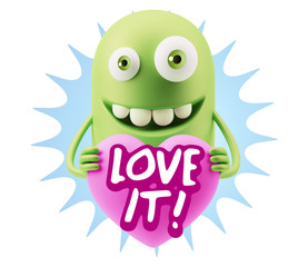 3d Rendering. Emoji in love holding heart shape saying Love It w