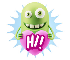 3d Rendering. Emoji in love holding heart shape saying Hi with C