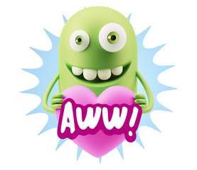 3d Rendering. Emoji in love holding heart shape saying Awww with