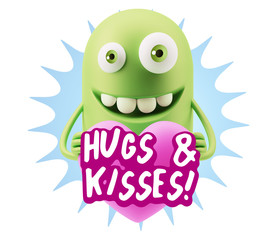 3d Rendering. Emoji in love holding heart shape saying Hugs And