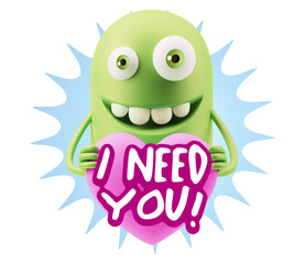 3d Rendering. Emoji in love holding heart shape saying I Need Yo