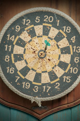 Old dartboard / Close up old dartboard on old wood background. Top view.