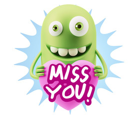 3d Rendering. Emoji in love holding heart shape saying Miss You