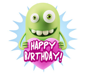 3d Rendering. Emoji in love holding heart shape saying Happy Bir