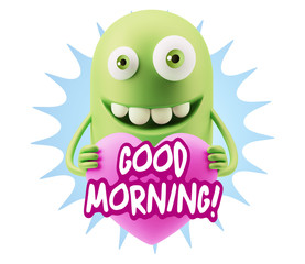 3d Rendering. Emoji in love holding heart shape saying Good Morn
