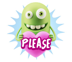 3d Rendering. Emoji in love holding heart shape saying Please wi