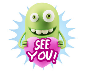 3d Rendering. Emoji in love holding heart shape saying See You w