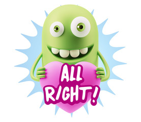 3d Rendering. Emoji in love holding heart shape saying All Right