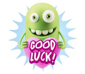 3d Rendering. Emoji in love holding heart shape saying Good Luck