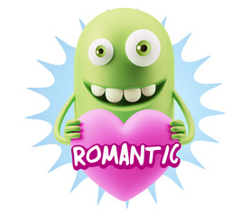 3d Rendering. Emoji in love holding heart shape saying Romantic