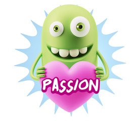 3d Rendering. Emoji in love holding heart shape saying Passion w