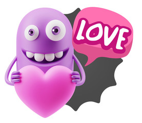 3d Rendering. Emoji in love holding heart shape saying Love with