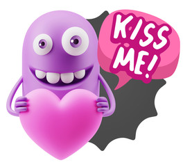 3d Rendering. Emoji in love holding heart shape saying Kiss Me w