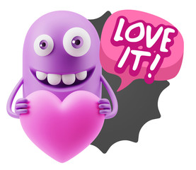 3d Rendering. Emoji in love holding heart shape saying Love It w