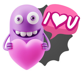 3d Rendering. Emoji in love holding heart shape saying I Love U