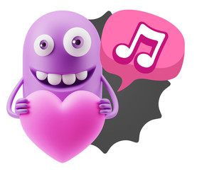 3d Rendering. Emoji in love holding heart shape saying Music Sym