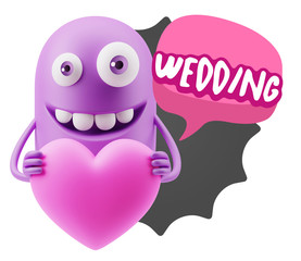 3d Rendering. Emoji in love holding heart shape saying Wedding w