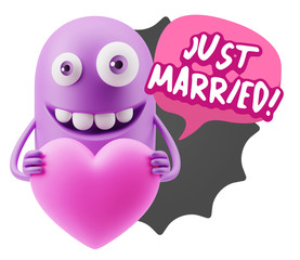 3d Rendering. Emoji in love holding heart shape saying Just Marr