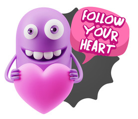 3d Rendering. Emoji in love holding heart shape saying Follow Yo